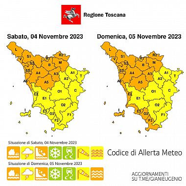 La mappa dell'allerta della Regione Toscana