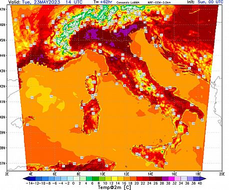 La temperatura prevista alle 16 di martedì 23 Maggio